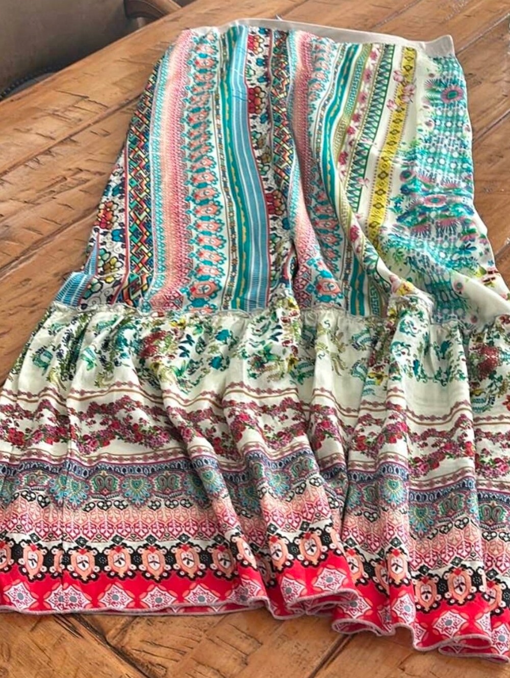 Johnny Was Teal and Coral Printed Tiered Maxi Skirt